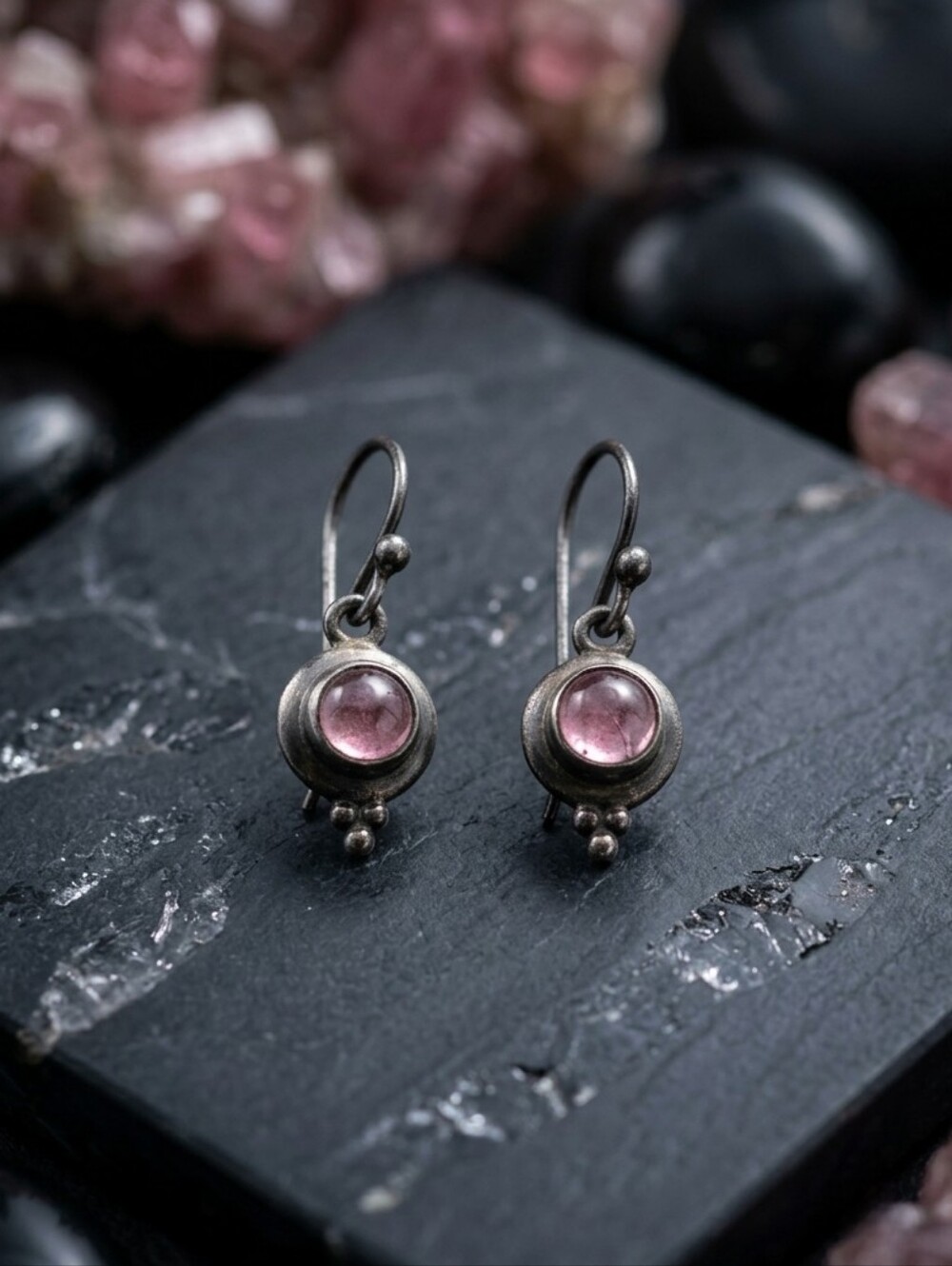 Vintage Javanese Bali Sterling Silver Pink Gemstone Granulation Dangle Earrings